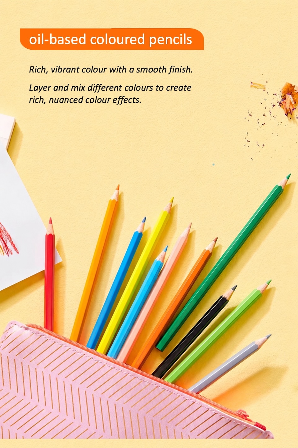 oil-based coloured pencils. Rich, vibrant colour with a smooth finish. Layer and mix different colours to create rich, nuanced colour effects.