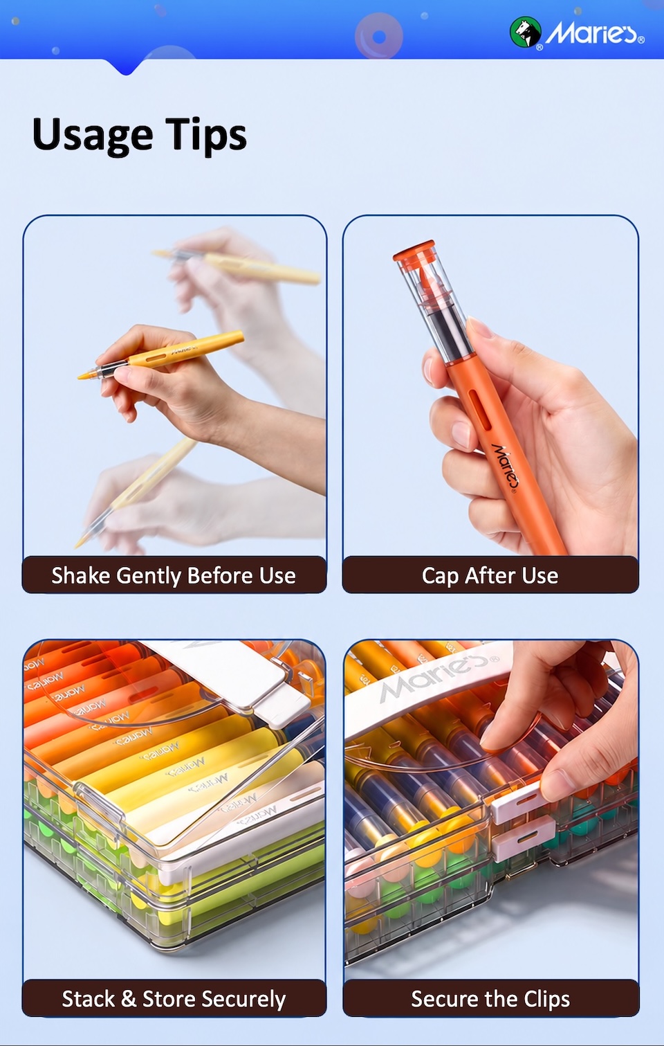 Usage Tips: Shake Gently Before Use, Cap After Use, Stack & Store Securely, Secure the Clips.