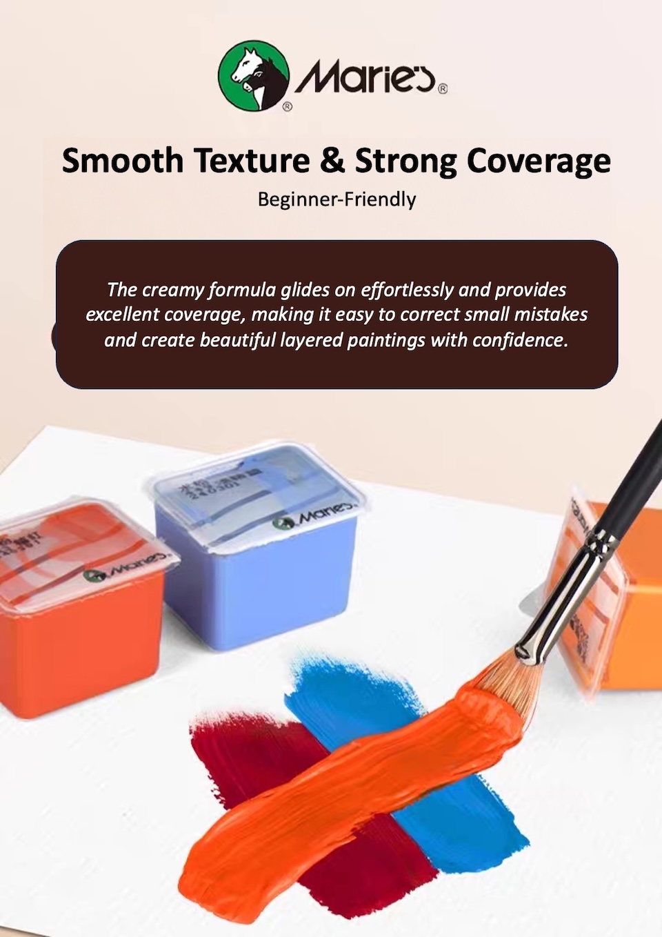 Smooth Texture & Strong Coverage. Beginner-Friendly. The creamy formula glides on effortlessly and provides excellent coverage, making it easy to correct small mistakes and create beautiful layered paintings with confidence.