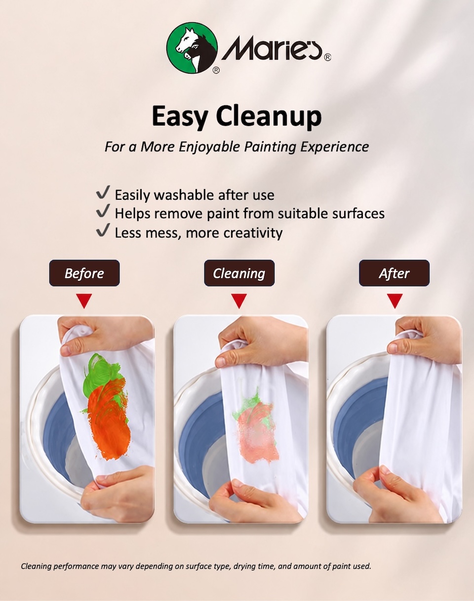 Easy Cleanup. For a More Enjoyable Painting Experience. ✔ Easily washable after use✔ Helps remove paint from suitable surfaces✔ Less mess, more creativity
