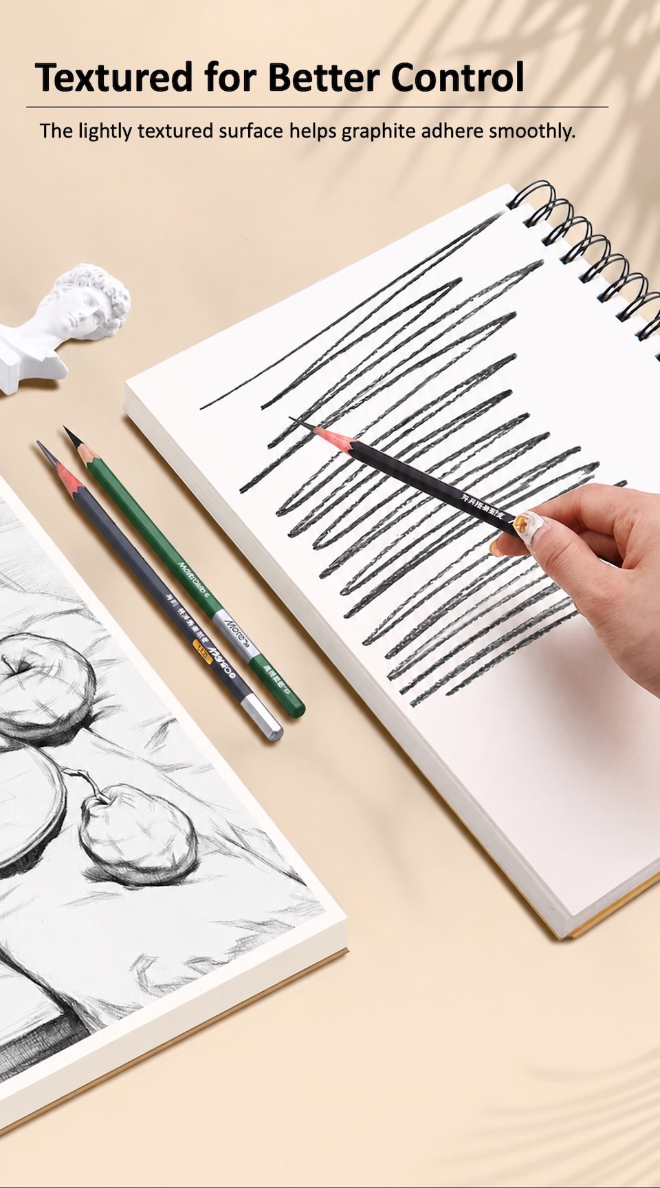 Marie's Drawing Sketchbook, A4, 160gsm, 30 sheets Textured for Better Control. The lightly textured surface helps graphite adhere smoothly.