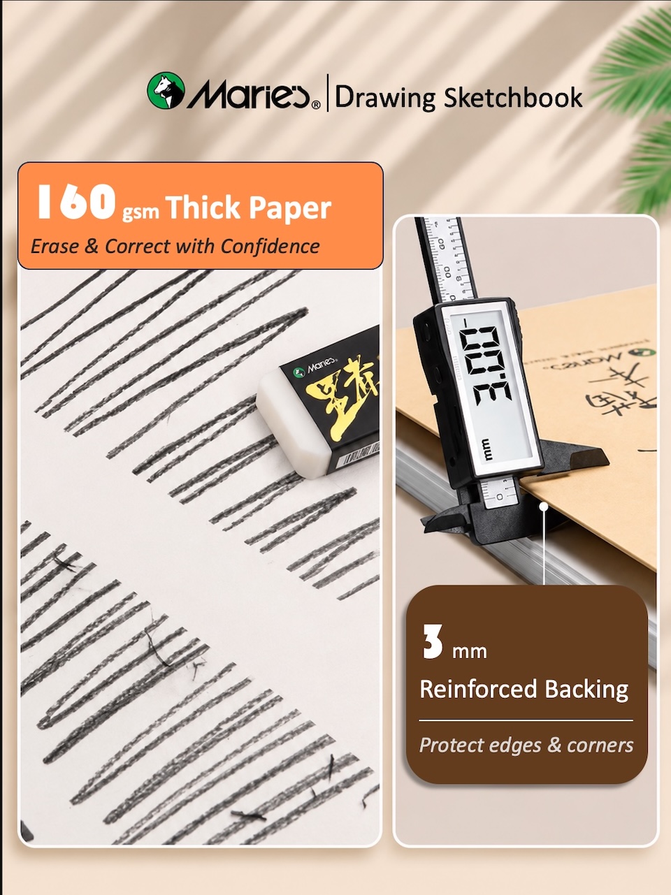 Marie's Drawing Sketchbook, A4, 160gsm, 30 sheets 160 gsm Thick Paper, Erase & Correct with Confidence. 3 mm Reinforced Backing, Protect edges & corners.