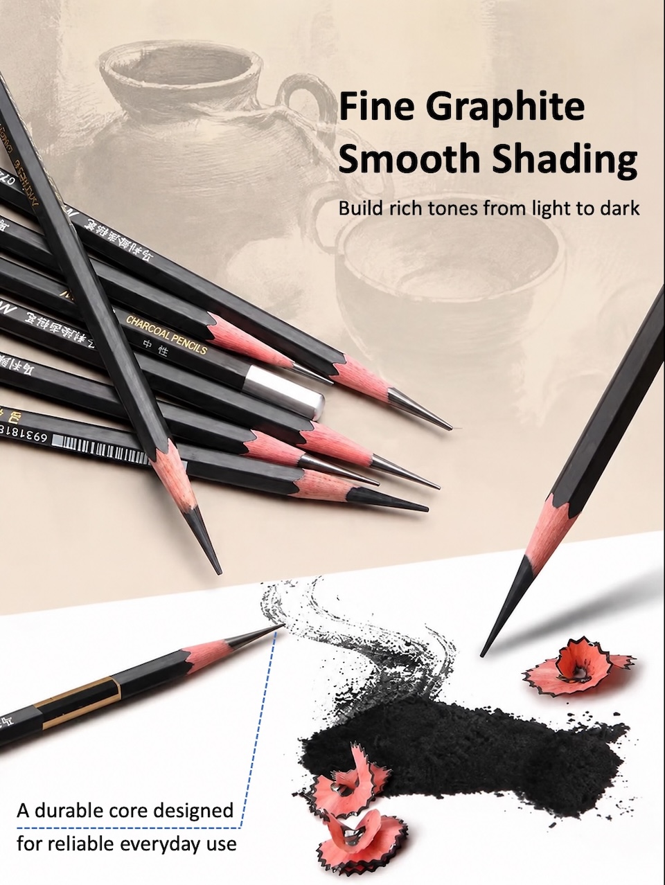 Fine Graphite, Smooth Shading. Build rich tones from light to dark. A durable core designed for reliable everyday use.