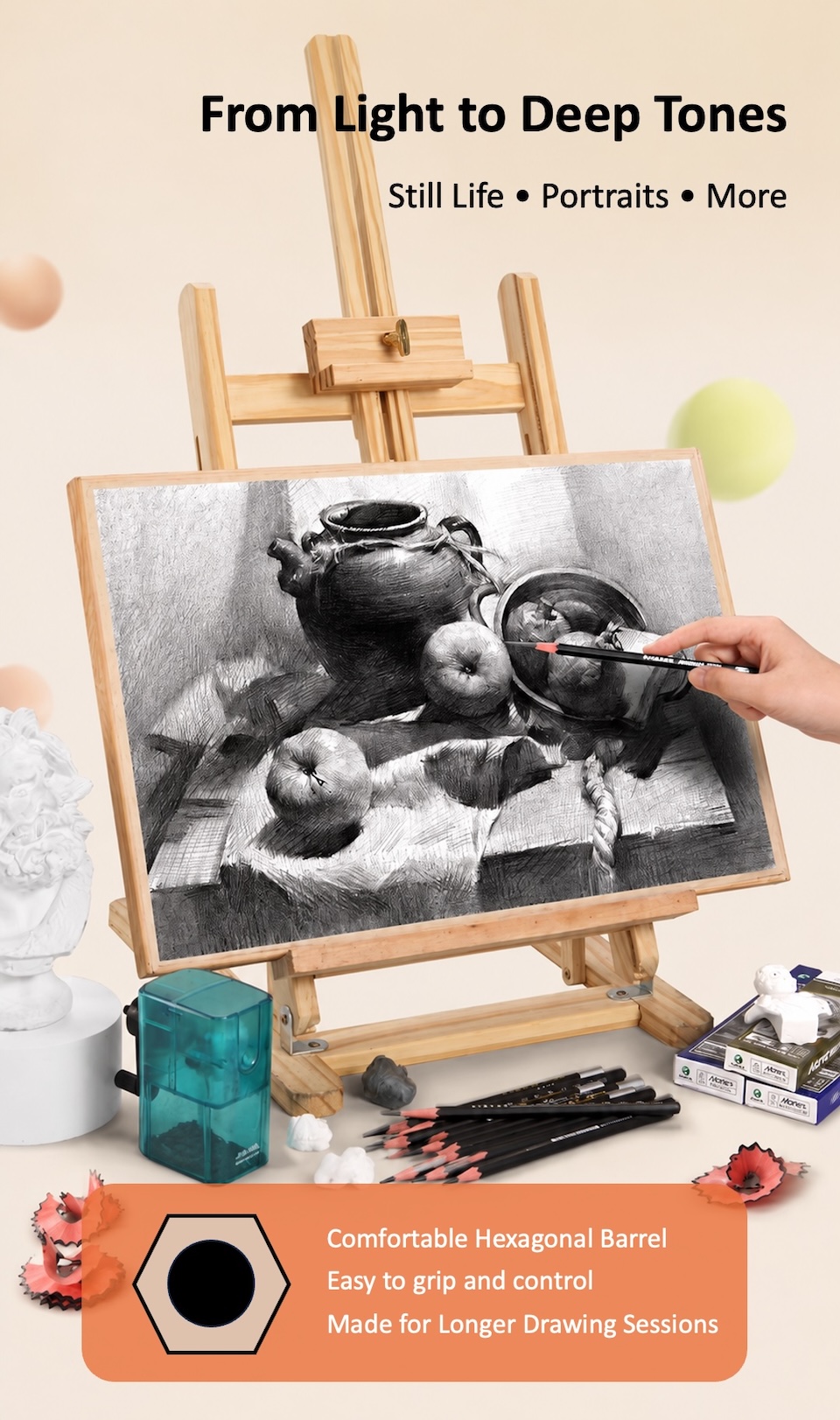 From Light to Deep Tones. Still Life • Portraits • More. Comfortable Hexagonal Barrel, Easy to grip and control, Made for Longer Drawing Sessions.