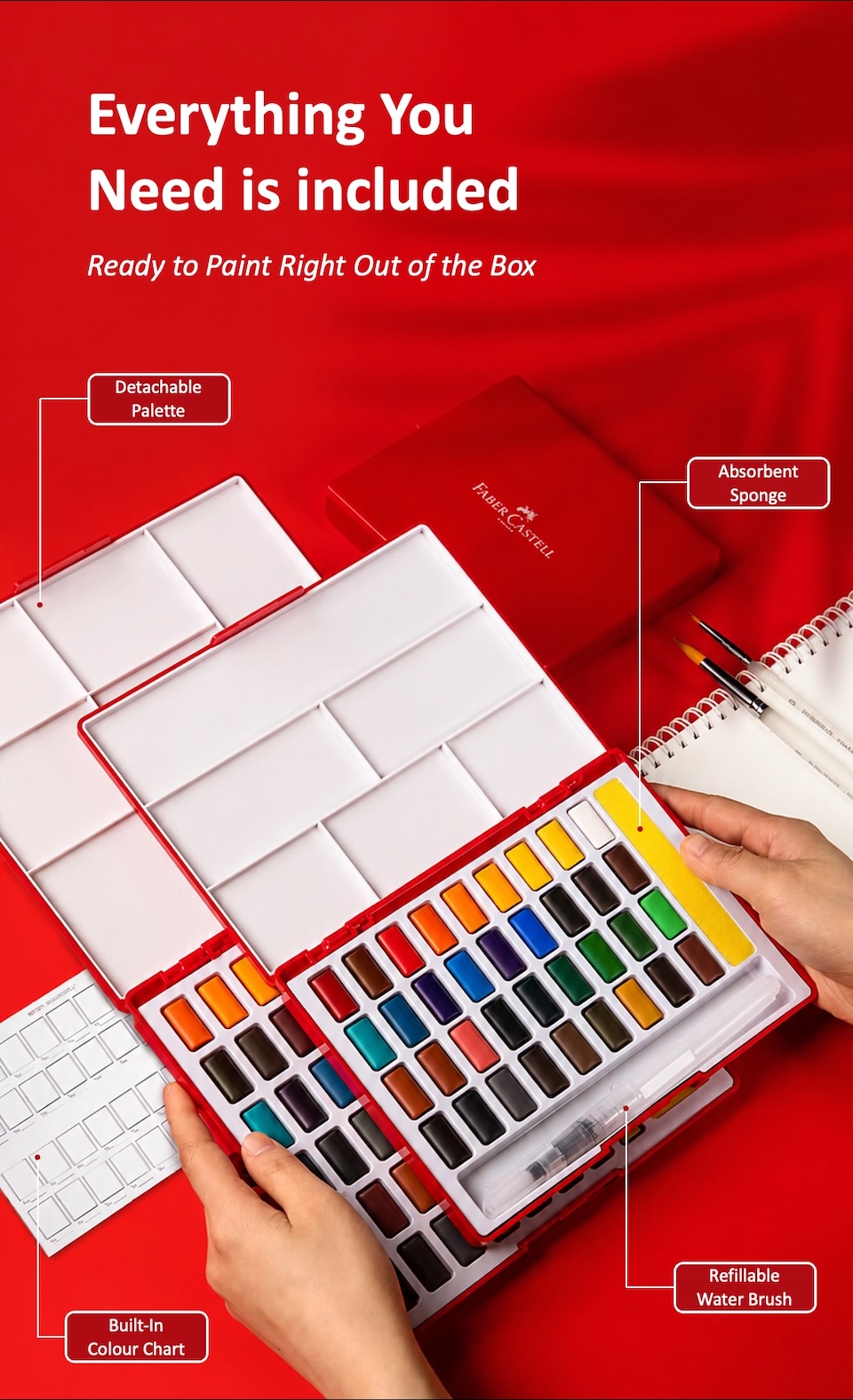 Faber-Castell 36-Color Watercolour Paint Set Everything You Need is included, Ready to Paint Right Out of the Box. Detachable Palette, Absorbent Sponge, Refillable Water Brush, Built-In Colour Chart